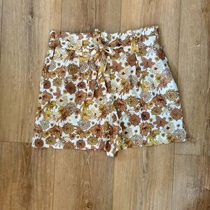 C&C California‎ Linen Blend Shorts Womens Sz 10 Floral High Waist Retro Paperbag